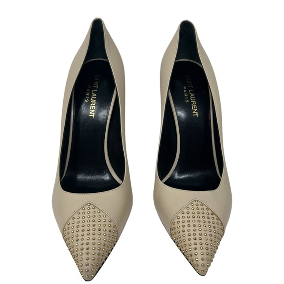 Saint Laurent Paris Beige Leather Gold Studded Cap Toe High Heel Stiletto Pumps - Picture 2 of 10